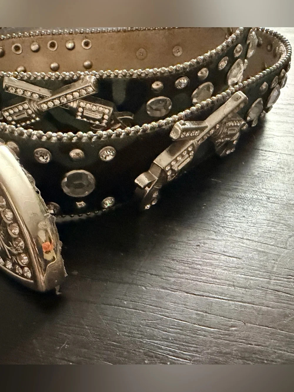 Camo green cowhide rhinestone gunslinger pistols western bling belt large
